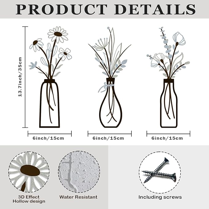 3 Pieces Metal Vase Flowers Wall Arts - Rustic Farmhouse Style Décor Metal Wall Art Black Minimalist Flower Natural Themed Wall Decors for Home Bedroom Dining Room Housewarming (Brown-Blue, Vase-C)