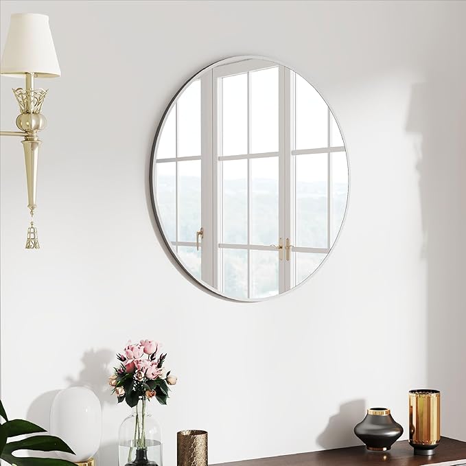 SCWF-GZ 24" Round Mirror Circle Wall Mounted Hanging or Against Wall Aluminum Alloy Metal Frame Dressing Make-up Mirrors for Entryway Bedroom Bathroom Living Room 24 inch Silver