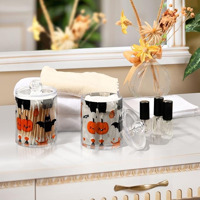 2 Pack Apothecary Jars Halloween Black Bats Bathroom Vanity Storage Organizer Set,Small Clear Plastic Storage Jars Bathroom Canister for Cotton Swabs, Rounds, Balls, Qtips,Makeup Sponges, Floss