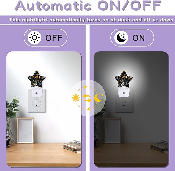 Floral Black Nightlights Plug in Wall,Decorative Star Lamp with Automatic Lighting for Living Space,Gentle Glow for Kids Room,Hallway,Bathroom