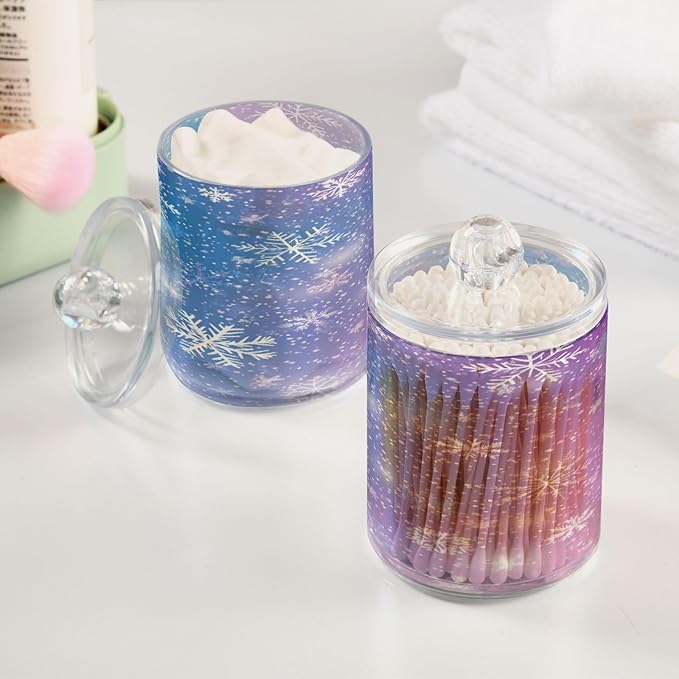 Nander 4Pack Stars and Snowflakes Qtip Holder Dispenser -Clear Plastic Apothecary Jars Set - Restroom Bathroom Makeup Organizers Containers for Cotton Swab, Ball, Pads, Floss