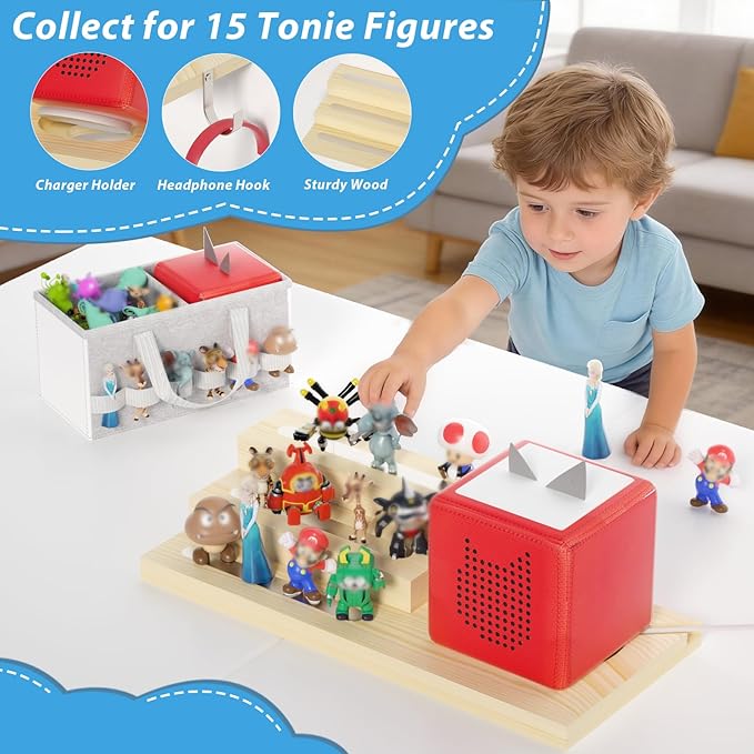 for Tonie Shelf Magnetic - Wooden Tonies Organizer with Carrying Bag, 3 Tiered Magnetic Display Shelf for Toniebox Holder, Wall Mount/Countertop Use Tonies Toy Storage for Kids Room/Playroom (Wood)