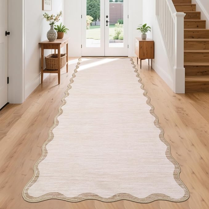 GarveeHome Scalloped Washable Runner Rug 2'6'' x 10' Non Slip Kitchen Rugs Modern Beige Indoor Entryway Rug Farmhouse Soft Bath Mat Stain Resistant Carpet for Bedroom Hallway Laundry 2'6'' x 10' Beige