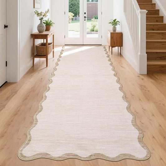 GarveeHome Scalloped Runner Rug for Hallways Kitchen 2'6"x8' Washable Non Slip 8ft Low Pile Pet Friendly Indoor Entryway Rug Farmhouse Soft Bath Mat Stain Resistant Carpet for Bedroom Laundry