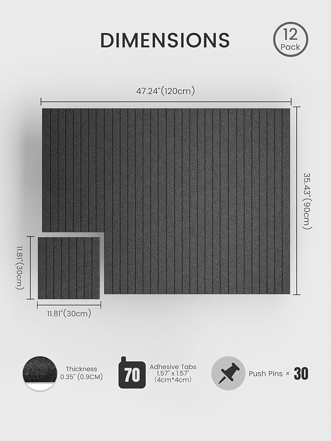 Bumusty Large Cork Board Alternative-48 x 36" Felt Bulletin Board Tiles, with 30 Pushpins, 70 Adhesive Tabs, Fine-Stripe 12-Pack, Cork Boards for Office Push Pin Board Felt Board-Charcoal Gray