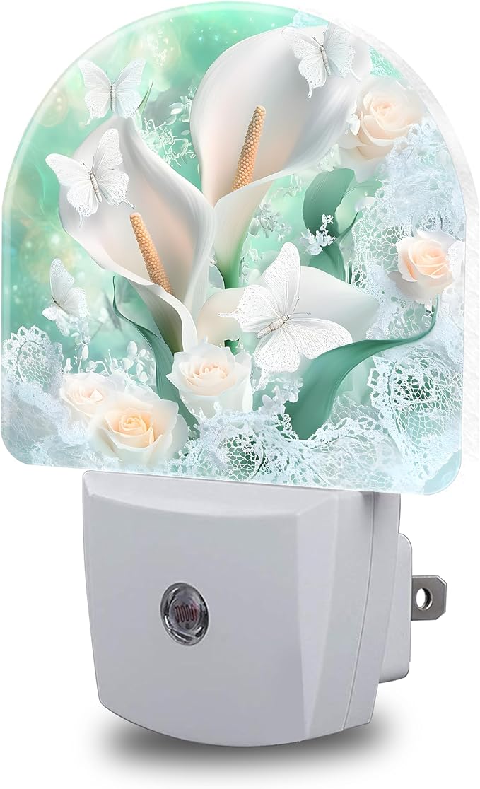 Night Light, White Calla Lilies Bouquet with Butterfly Night Lights Plug into Wall Dusk to Dawn Sensor Round Nightlight for Women Men Energy Efficient Led Lamp 0.5W for Stairway Hallway Bedroom