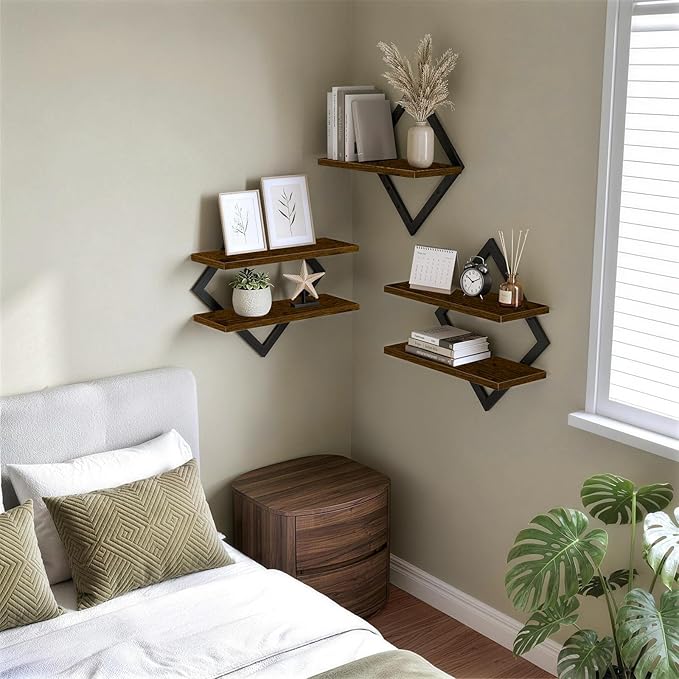 3-Piece Floating Shelves - Unique Geometric Wall Mounted Storage Set (1 Single & 2 Double Tiers), Sturdy Wood & Metal Display Shelf for Plants, Picture Frames, Living Room & Bathroom Decor