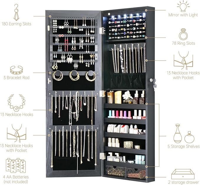 LED Jewelry Cabinet Armoire Organizer,Wall/Door Mount Jewelry Organizer and Storage with Full-Length Mirror Hanging Jewelry Organizer Full Length Mirror with Storage Large Capacity Black