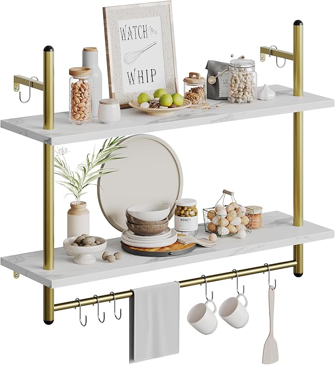 Bestier Floating Shelving 31" Kitchen Wall - Mounted Shelf with Towel Bar Hooks Coffee Bar Shelf Wine Hanging Display Rack Bookshelf Living Room Decor Bathroom - White Marble