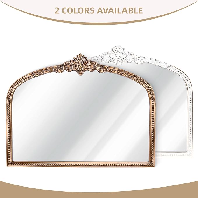 Farmhouse Wooden Wall Mirror - 32x42 Inches Antique White Baroque Wide Arched Decorative Mirror, Vintage Ornate Beaded Mirror for Living Room, Entryway, Mantel