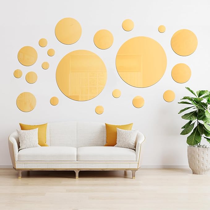 Shappy 32 Pieces Mirror Wall Stickers Removable Acrylic Setting Adhesive Round Circle Mirror Tiles Decals for Home Living Room Bedroom Decor (Gold,Medium Size)