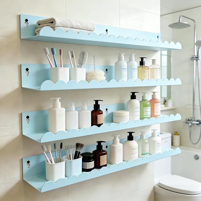 24 Inch Nursery Book Shelves Set of 4, Blue Metal Floating Shelves for Wall, Scalloped Cloud Book Shelf for Kids Room, Bathroom, Bedroom, Playroom Wall Decor & Storage
