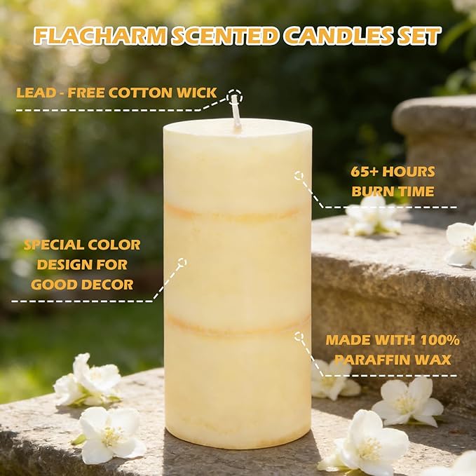 3x6 Inches Jasmine Scented Pillar Candles Ivory White Hand-Poured Long Burning Aromatherapy Candle for Home Scented Stress Relief Meditation Wedding Bar Table Centerpiece Decoration, 3 Pack