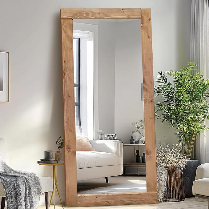 Full Length Mirror 71"x32" – Solid Wood Frame, HD Tempered Glass, Wall Mounted & Leaning, Rustic Modern Decor for Bedroom, Living Room, Entryway, Light Brown