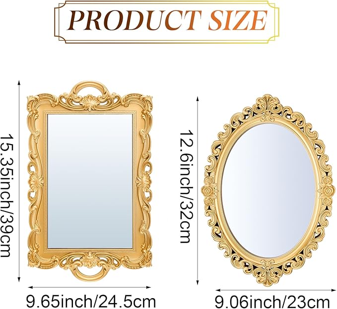 Beeveer 2 Style Vintage Mirrors Set Decorative Oval Wall Mirror Small Antique Mirrored Tray Decorative Hanging Mirror for Bathroom Bedroom Jewelry Organizer Victorian Decor (Square,Gold)