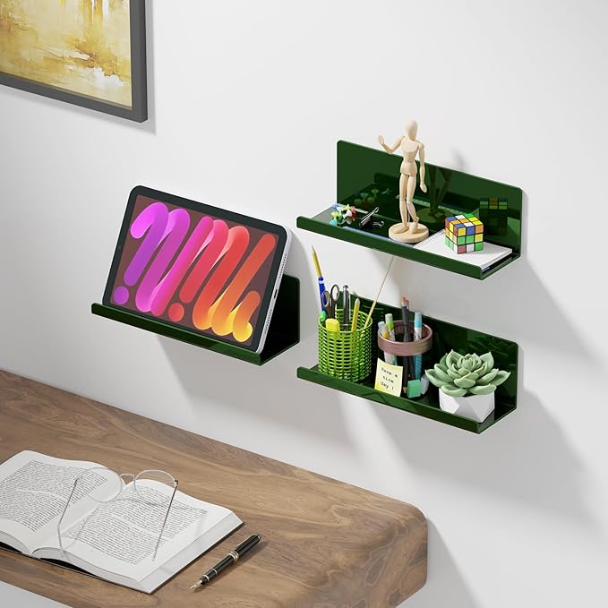 PAVSTINE Adhesive Floating Shelves for Wall No Drilling, 12 Inch Acrylic Self Adhesive Shelves, Stick on Shelves, Dorm Wall Shelf, for Bathroom, Kitchen, Bedroom, Office, Gaming Room, Green