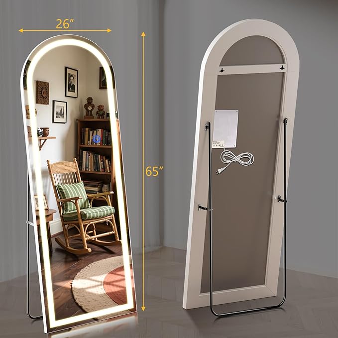 Arch Full Length Standing Mirror with LED Lights, 65"x26" Lighted Mirror with Dimming & 3 Color Lighting, Tall Mirror Full Body for Bedroom, Dressing Room