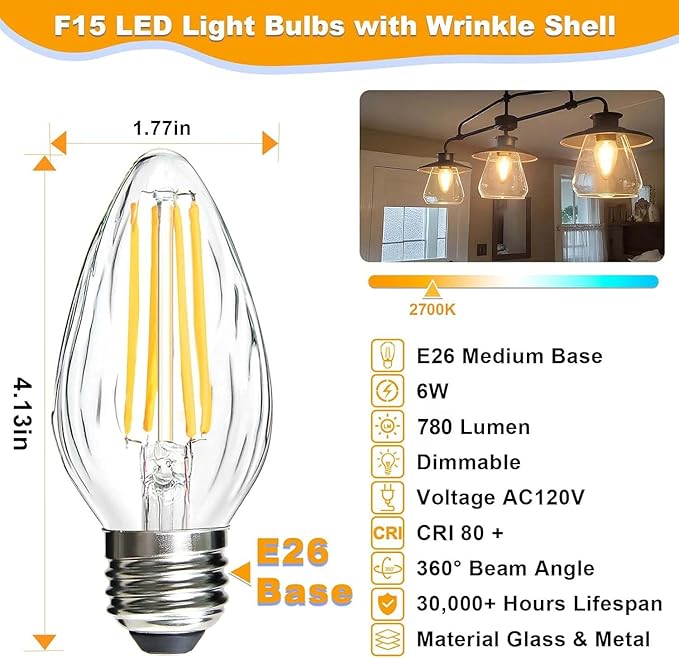 BRIMAX F15 6W LED Porch Light Bulbs Outdoor,Equivalent 60W Incandescent Bulb, E26 Medium Base Dimmable 2700K Soft Warm White Flame Wrinkle Glass,Post Bulb for Ceiling Fan and Lantern Lamp,4Pack