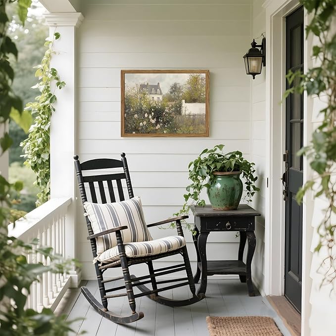 Framed Vintage Wall Art, Cottage Rose Garden Landscape Pictures Wall Decor Paintings, Rustic Spring Farmhouse Canvas Prints Aesthetic Home Decor for Living Room Bedroom Bathroom 16x24 inch