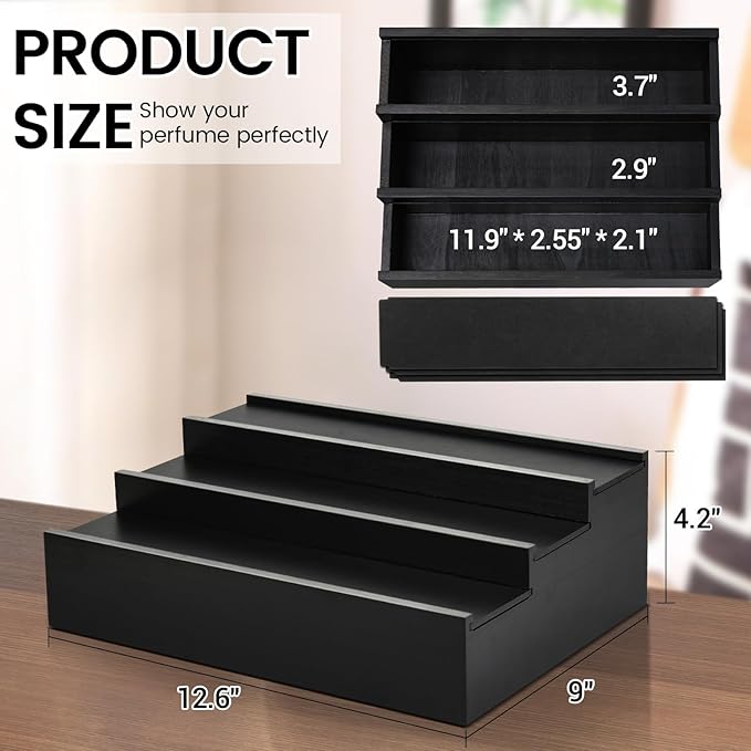 Wooden Cologne Organizer for Men - 3 Tier Cologne Stand Perfume Organizer with Hidden Compartment, Black Elevated Cologne Display Shelf for Organizing and Storing,Watch and Jewelry,Gift for Father