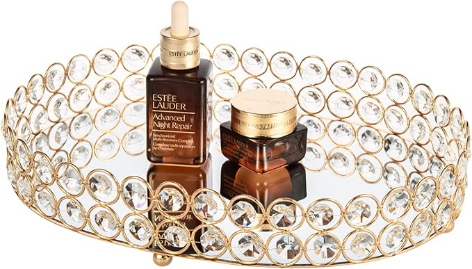 Feyarl Crystal Perfume Tray Vanity Makeup Organizer Ornate Jewelry Trinket Cosmetic Tools Decorative Skin Care Storage for Home Deco Dresser Bathroom Countertop (Oval 12" x 9") (Gold)