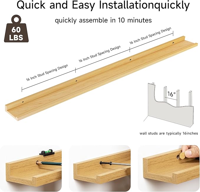 Fun Memories Picture Ledge Shelf, 60 Inch Floating Shelves Set of 2, Large Nursery Book Shelves for Toys Storage, Kids Bookshelf Wall Mounted for Wall Decor Books Photo Frames, Oak