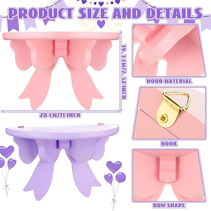 Pinkunn 2 Pcs Bow Floating Shelves Kawaii Shelf Book Stand Farmhouse Rustic Corner Wall Shelf Wooden Bow Tie Rack Princess Room Decor for Nursery Home Bedroom Office Wall Decor(Pink,Purple)