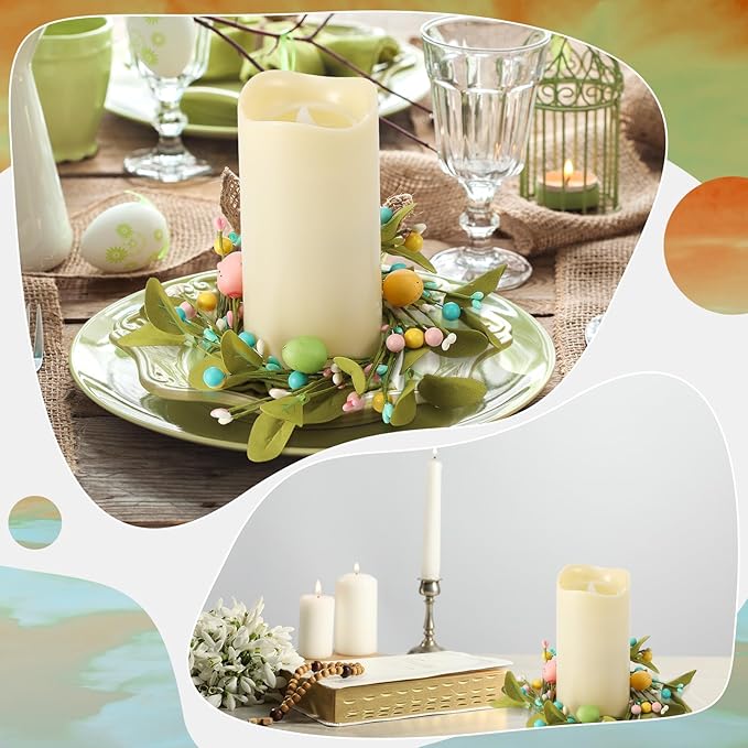 Daifunli 2 Pcs Spring Candle Rings Primitive Farmhouse Vintage Pastel Pip Berry Wreaths for Pillar 3.9 Inch Candles Holder for Spring Rustic Table Centerpiece Decor