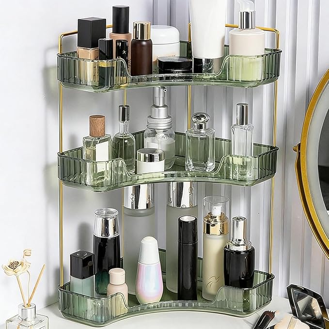 Multi-Tier Corner Countertop Organizer Rack, 3 Tier Corner Bathroom Counter Organizer, 90° Space-Saving Makeup Organizer Shelf, Tool-Free Installation for Cosmetic, Dresser, Kitchen (Green-3tier)