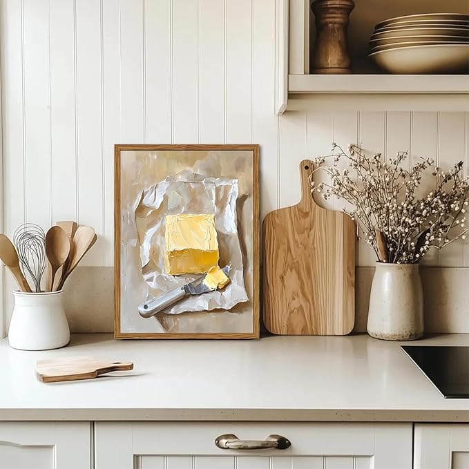 Framed Kitchen Wall Art, Vintage Butter Wall Decor Pictures, Rustic Farmhouse Food Paintings Canvas Prints for Dining Room Living Room Home Decoration 12x16 inch