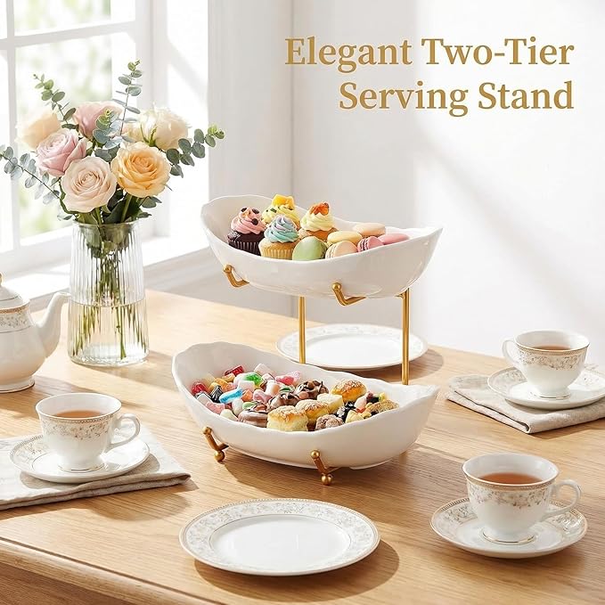 2-Tier Ceramic Fruit Basket, Decorative Tiered Stand for Kitchen Countertop, Fruit and Vegetable Storage Organizer, for Home Decor (White and Gold)