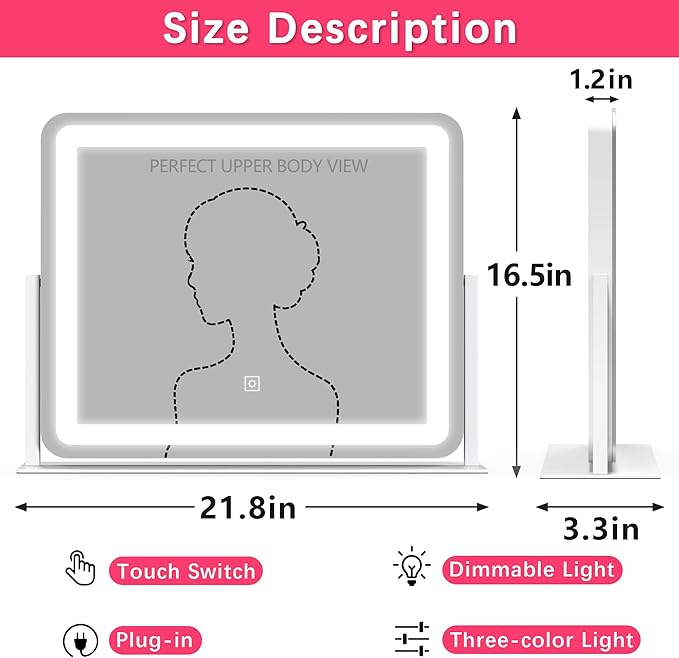 ROLOVE Large Vanity Mirror with Lights, 22"x17" Lighted Makeup Mirror for Desk, 3 Color Dimmable LED Lights, Smart Touch Control & 360° Rotation Tabletop Dresser Mirror (White)