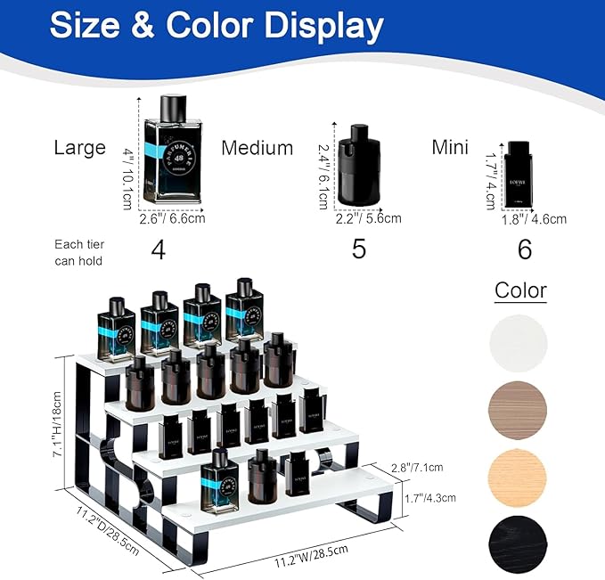 4-Tier Cologne & Perfume Display Shelf, 11.2" Wide White Wood Step Organizer, Makeup Organizer & Spice Rack for Bathroom Countertop, Bedroom Dresser & Kitchen