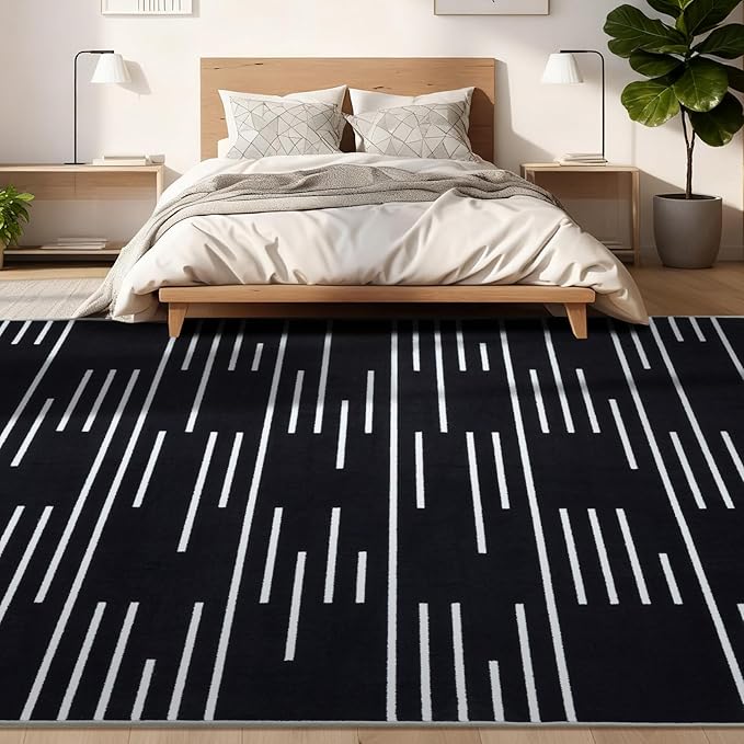 YIHOUSE Abstract Washable Rug 6x9,Ultra Thin Non Slip Black Rugs for Living Room,Modern Minimalist White Stripe Rugs for Bedroom,Dining Room Office Playroom (6'x9',Black-3)