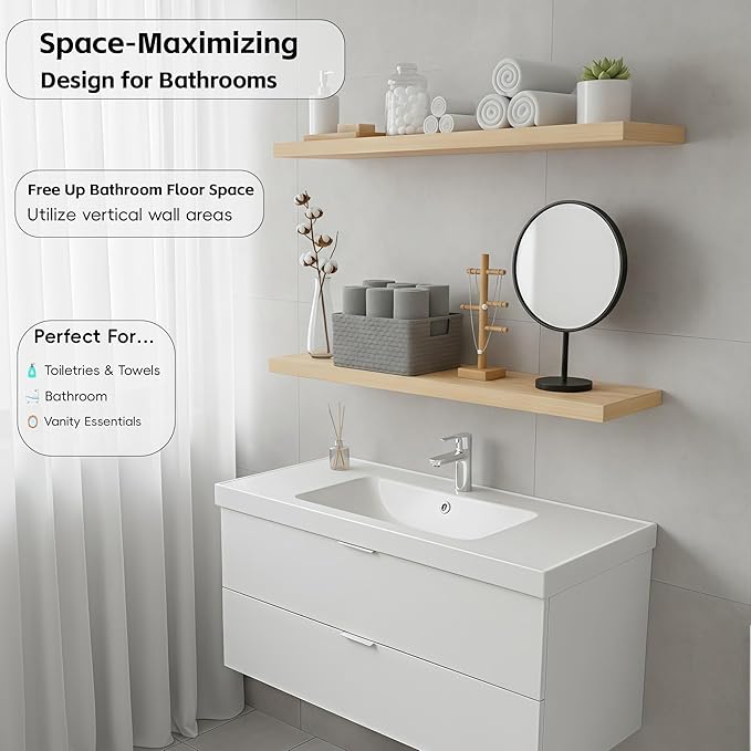 Lufia Floating Wall Shelves, Set of 2, MDF with Invisible Brackets, Modern Storage for Bedroom, Bathroom, Living Room, Kitchen (Oak, 32" W x 7" D x 1.5" H)