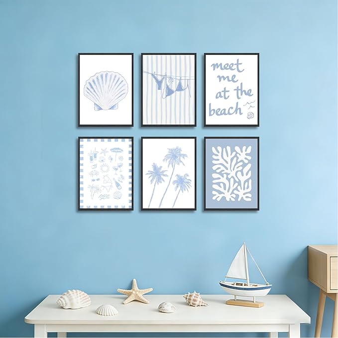 Zuowclli 6Pcs Coastal Granddaughter Wall Art Prints Blue Beachy Shell Bikini Palm Tree Wall Decor Pictures Summer Meet Me At The Beach Preppy Aesthetic Posters for Girly Bedroom Dorm Apartment 8x10in