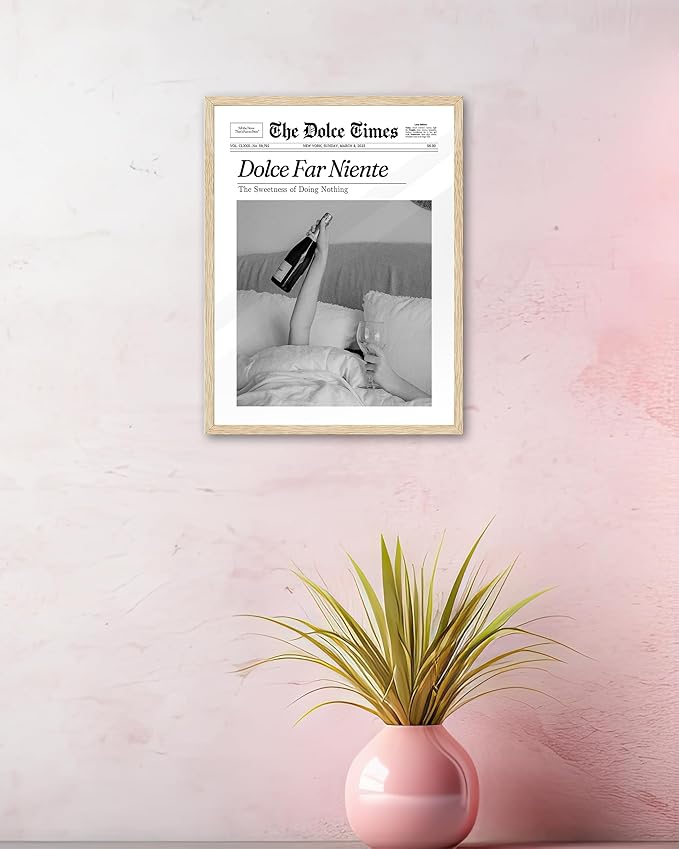 iHery Small Dolce Far Niente Framed Trendy NewsPaper Wall Art, Natural OAK Wood 8x10in Canvas Wall Art Bedroom,The Sweetness of Doing Nothing Print,La Dolce Vita Home Decor For Living Room Dorm 1Pack