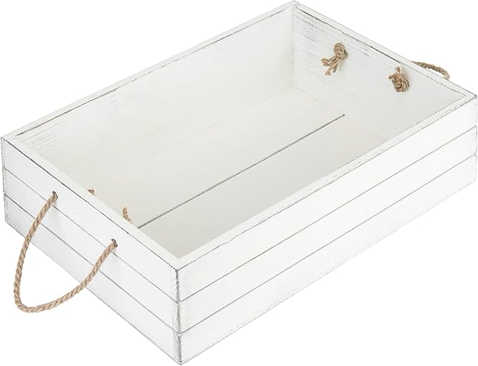 MyGift Vintage White Wood Decorative Storage Organizer Bin with Rope Handles, Open Top Small Crate Box for Bathroom Accessories, Books, Crafts, Fruits