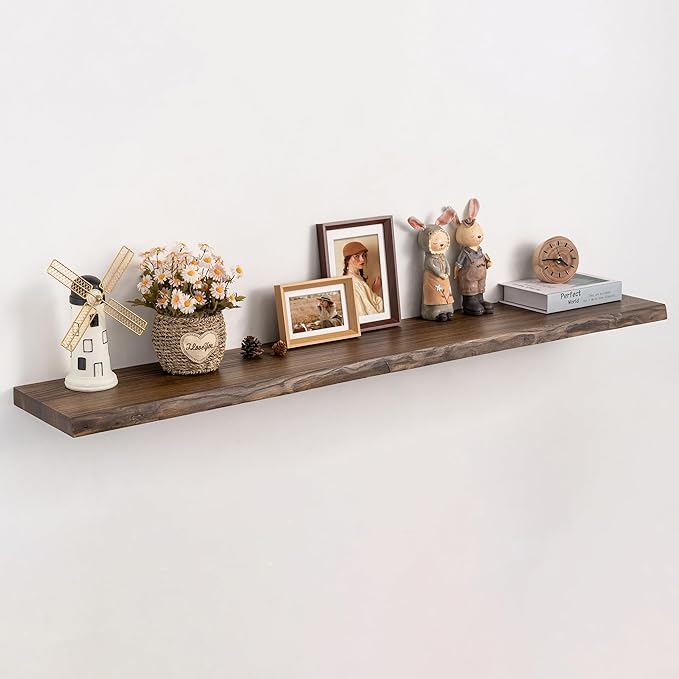 Long Live Edge Floating Shelf, 55 Inch Solid Elm Wood - Vintage Brown Rustic Wood Wall Shelf with Invisible Brackets for Living Room, Kitchen, Bathroom