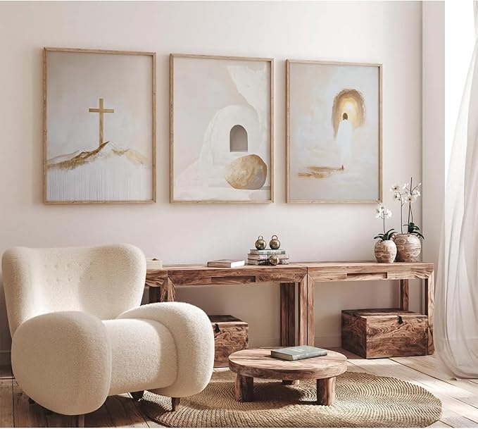 Jesus Christian Wall Art Gold Beige God Canvas Wall Decor He Is Risen Art Religious Christian Poster Modern Minimalist Cross Painting Artwork Jesus Picture Prints for Living Room 12x16x3 Inch Unframed