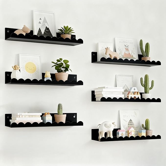 Nursery Book Shelves Set of 6, Black Metal Floating Shelves for Wall, 16 Inch Scalloped Book Shelf for Kids Room, Bathroom, Bedroom, Playroom Wall Decor & Storage