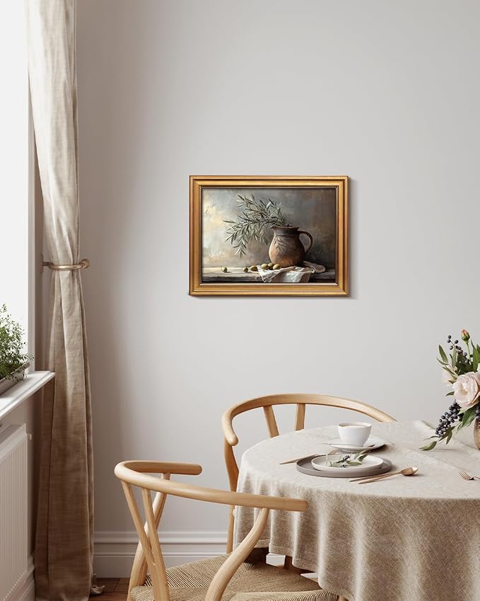 Bzstyleart Vintage Wall Art Decor, Gold Framed Wall Art 12 x 16 Inch Pottery Jar Olive Branch for Office, Canvas Picture Print Painting for Bedroom Living Bathroom Dorm