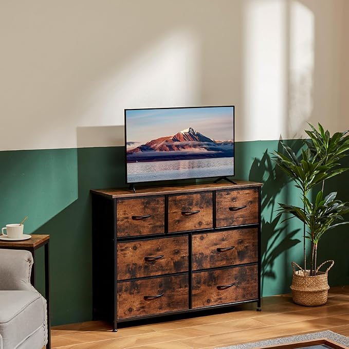 OLIXIS 7 Drawers Dresser for Bedroom, Fabric Storage Tower for Living Room, Entryway - Sturdy Steel Frame, Wooden Top & Easy Pull Fabric Bins, Closet Chests Organizer for Clothes, Brown