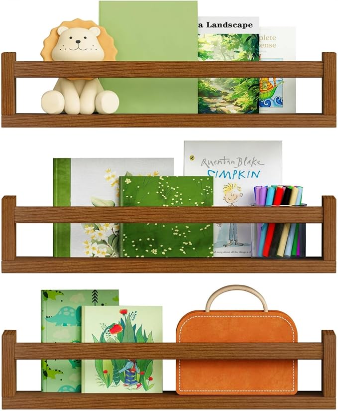 Harwaya Walnut Brown Nursery Book Shelves Wall Mounted, Wooden Floating Bookshelf for Kids Room Bedroom, Dark Wood Nursery Bookshelves for Kitchen Classroom Playroom (Solid Pine, 3-Pack)