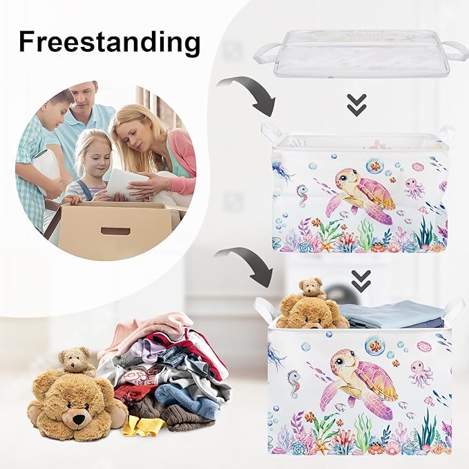 Ocean Animals Baby Laundry Hamper Collapsible Clothes Kids Storage Basket Large Boys Girls Gift Toy Box Bin for Nursery Room, Sea Turtle, 36L