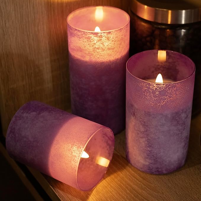 Purple Flameless Candles with Remote and Timer, Real Wax Battery Operated Candles for Home Decor, Set of 3 Flickering Glass LED Pillar Candles for Christmas Halloween Decoration