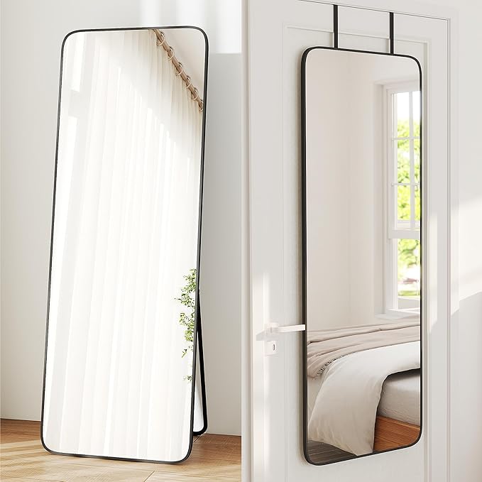 NARCISSUS 57x20 Mirror Door Hanging Full Length Body with Floor Stand or Wall Mounted Metal Aluminum Frame Tempered Glass Rectangle Mirrors for Bedroom Dressing Living Room Bathroom 57 inch Black
