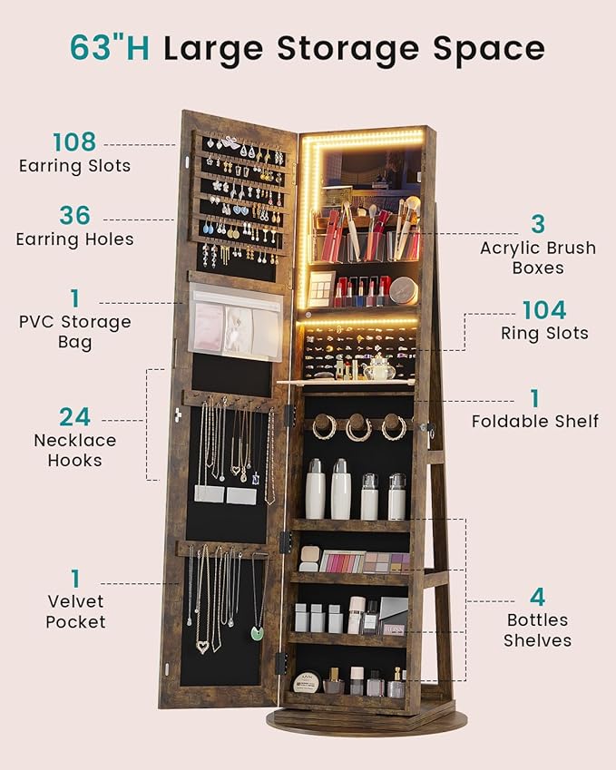 Vlsrka Full Length Mirror with Storage, 63" Rotating Jewelry Cabinet Standing, Lockable Jewelry Armoire with LED Lights, Foldable Makeup Shelf, Jewelry Organizer for Bedroom Small Space, Rustic Brown