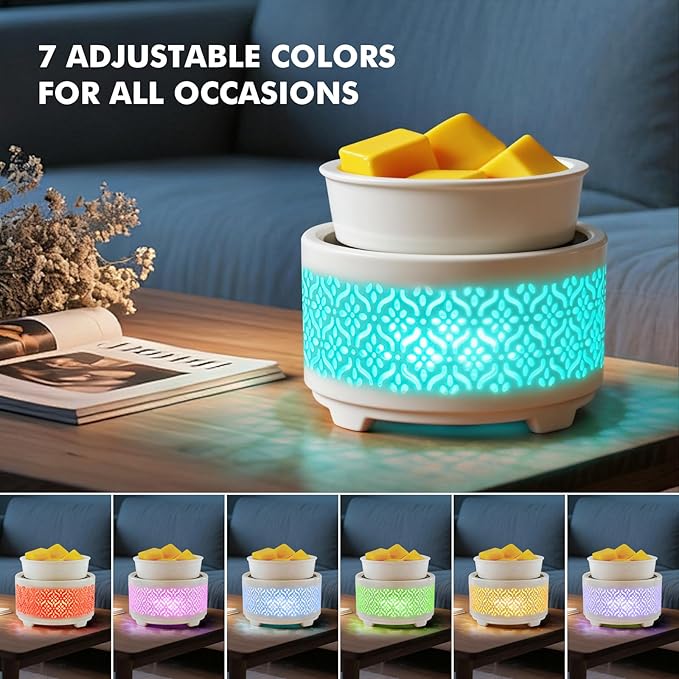 Wax Melt Burner Ceramic Electric 4-in-1 Candle Warmer Lamp with 7-Color LED Light Fragrance Oil Burner for Scented Wax Candle Jar Home Office Bedroom Decor Gifts for Women Mom - Flower Pattern