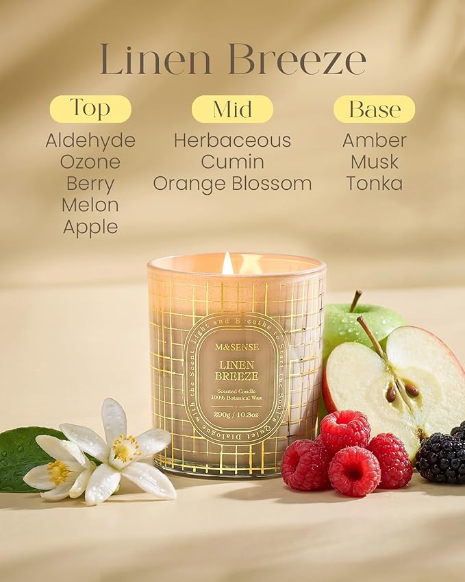 M&SENSE Fresh Linen Scented Candle, Natural Soy, Clean Burn Long Burning, Fresh Air Purifying Home Fragrance, 55 Hours Long Burning 10.3oz, Home Decor Housewarming Gifts for Women